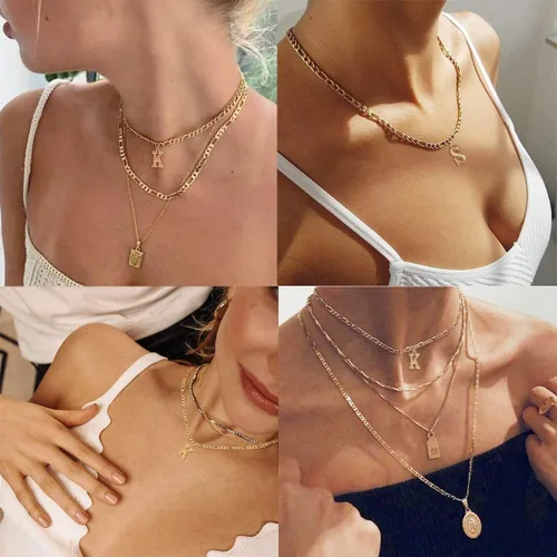 Miniatura 7 de FOCALOOK Collares de letras iniciales de oro para mujeres y hombres, chapados en oro de 14 quilates, cadena de letras iniciales de la A a la Z, 16
