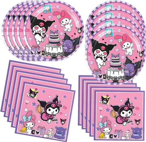 ARWANG - Paquete de 40 suministros para fiesta de cumpleaños Kuromis que incluye 20 platos, 20 servilletas para la decoración de fiesta Kuromi