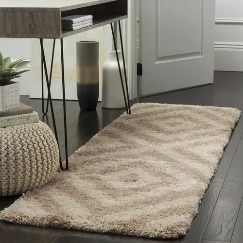 SAFAVIEH Portofino Shag Collection - Alfombra para pasillo, 2 pies 3 pulgadas x 7 pies, color marfil y beige, diseño geométrico, no desprende pelusa