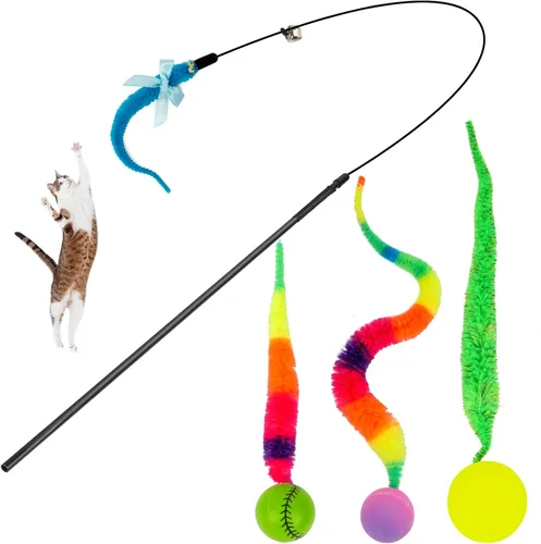 Miniatura 12 de SHENGSEN Juguete de varita de plumas para gatos, pelota inflable con cola para gatos, gusano mágico con juguete de bola grande y colorida