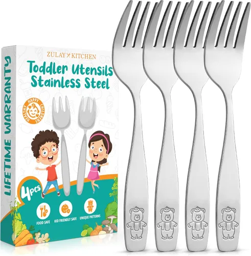 Zulay Kitchen 4 utensilios para niños pequeños, juego de cubiertos de acero inoxidable para niños, tenedores seguros para niños y niños, borde liso,