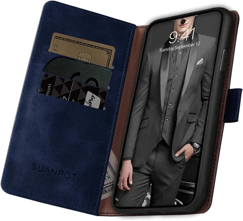 Miniatura 4 de SUANPOT Funda tipo cartera de cuero para Samsung Galaxy A52 4G y 5G con tarjetero de crédito RFID Flip Folio Book Phone Case Funda a prueba de Azul