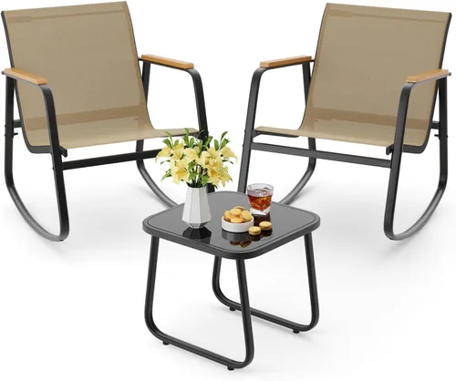 Miniatura 12 de Aiho Juego de Bistró Mecedor de 3 Piezas, Juego de Muebles de Patio de Tela Textilene, Sillas Mecedoras de Porche Delantero con Mesa de Café