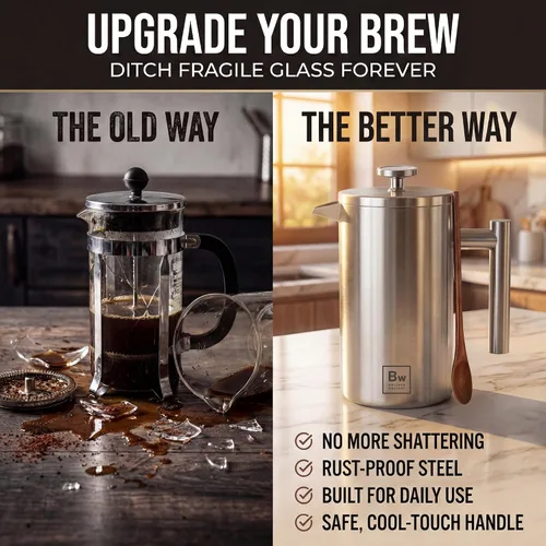 Miniatura 5 de Barista Warrior Prensa francesa con termómetro, prensa de café aislada, cafetera de acero inoxidable (1.0L, 34 onzas líquidas, plateado)