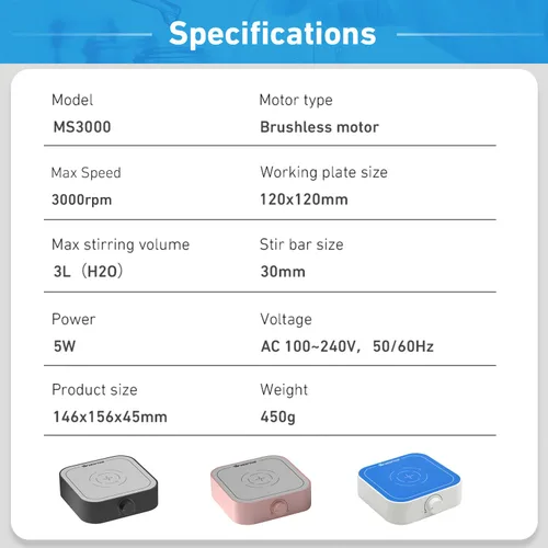 Miniatura 5 de Mezclador de Agitador Magnético de 3000rpm con Barra de Agitación, Motor DC Sin Escobillas Max 3000ml Placa Magnética Azul-Blanco (Sin Calor)