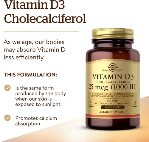 Miniatura 3 de Solgar - Vitamina D3 (colecalciferol) 25 mcg (1000 UI) – 180 tabletas - Ayuda a mantener huesos y dientes saludables - Soporte para el sistema