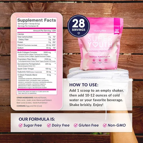 Miniatura 4 de SkinnyFit - Super Youth Colágeno para Mujeres - Polvo de Péptidos de Multi Colágeno - Probióticos, Fibra, Ácido Hialurónico - Sin OGM, Sin Gluten