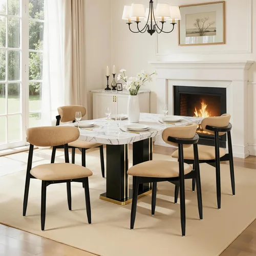 Miniatura 15 de CHUN YI Juego de 2 sillas de comedor tapizadas de madera maciza, sillas auxiliares de cocina de tela moderna de mediados de siglo con respaldo Beige