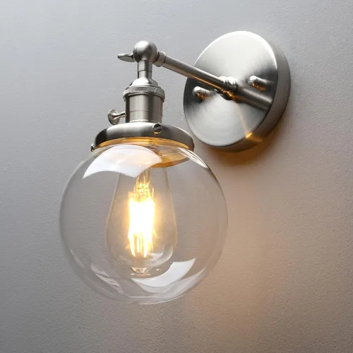 Miniatura 10 de PERMO Iluminación de candelabro de pared industrial vintage con sombra de globo de vidrio transparente redondo de 5,9" soplado a mano (Negro)