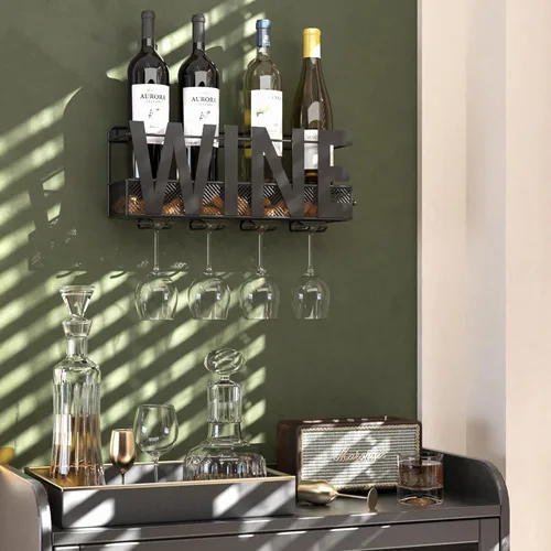 Miniatura 3 de Estante de metal para vino montado en la pared, soporte para botella de vino, soporte para botella de vino, soporte para 4 vasos de tallo largo