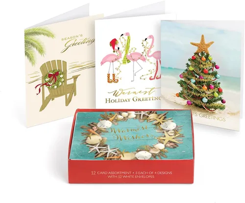 Miniatura 18 de Masterpiece - Tarjetas navideñas de palmeras festivas / 16 tarjetas navideñas de deseos más cálidos de invierno en caja con detalles plateados