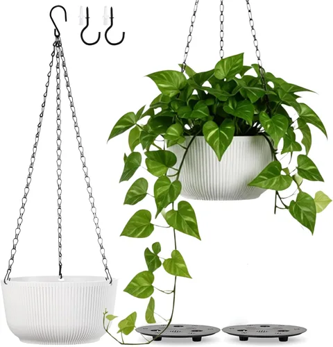 Miniatura 11 de Juego de 2 macetas colgantes para plantas de interior y exterior, macetas colgantes de riego automático de 8 pulgadas con platillo interno, orificio