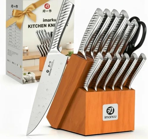 Miniatura 19 de imarku Juego de 15 cuchillos con afilador integrado, juego de cuchillos de cocina de acero inoxidable japonés de alto carbono, apto