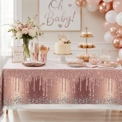 Miniatura 5 de 3 manteles desechables de polietileno de 71 x 42 pulgadas con diamantes, color oro rosa, para cumpleaños, bodas, baby shower, aniversario, fiesta
