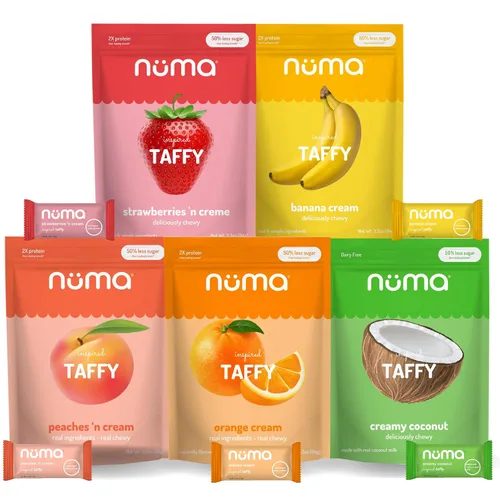 Numa Foods Paquete variado de caramelos masticables y cremosos nutritivos - Bajo en azúcar, todo natural, sin gluten, alto en proteínas - 5 bolsas