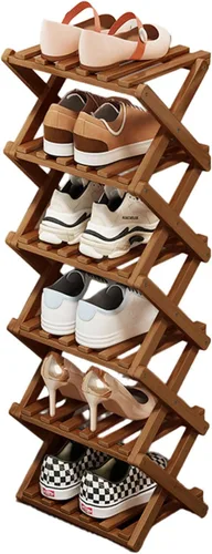 Miniatura 9 de Comeon Zapatero de bambú, zapatero vertical plegable para puerta delantera, entrada, organizador estrecho de zapatos, estante pequeño para zapatos