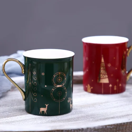 Miniatura 6 de Juego de tazas de café navideñas con mango dorado, cuchara, tapa, elegante taza de agua decorativa de cerámica para mujeres y niñas, taza