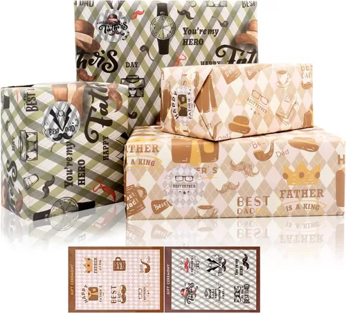 Papel de regalo para el día del padre, 6 hojas de papel de regalo para hombres y papá, papel de regalo de estraza con bigote jazz sombrero traje,