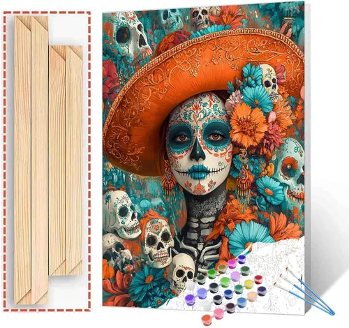 Miniatura 18 de Pintura por números para parejas tomadas de la mano, para adultos, principiantes, Día de los Muertos, Esqueleto, Pintura por números sobre lienzo