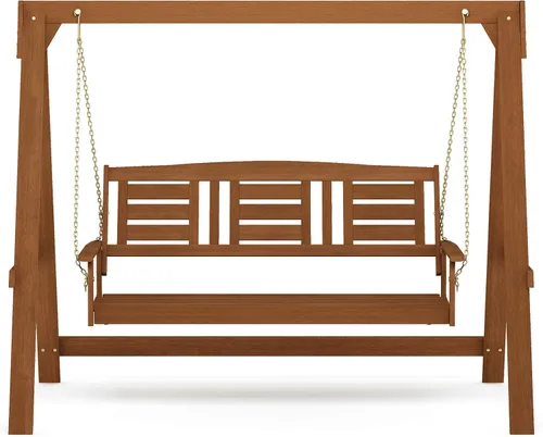 Miniatura 3 de Furinno Tioman - Columpio grande de madera dura para patio, jardín, exterior, 3 plazas con marco para colgar, color natural