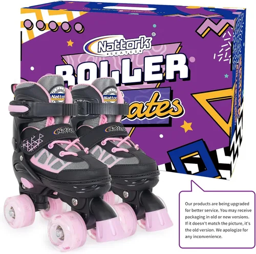 Miniatura 6 de Nattork Patines de ruedas para niños y niñas, 4 tamaños ajustables con ruedas iluminadas para niños principiantes para interiores y exteriores Rosa