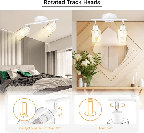 Miniatura 5 de BoostArea Lámparas de baño de 2 luces, modernas luces blancas de pared con pantalla de vidrio transparente, luz de techo flexible para espejo
