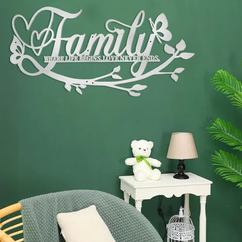 Miniatura 6 de AUHOKY Letrero de metal con texto en inglés «Family Where Life Begins Love Never Ends» («Family Where Life Begins Love Never Ends») de metal, Plata