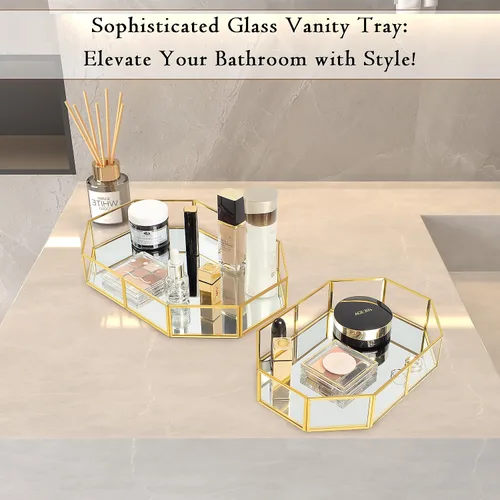 Miniatura 5 de Juego de 2 bandejas doradas, bandeja de baño con marco de metal, bandeja decorativa de perfume para tocador, baño, joyería o decoración del hogar