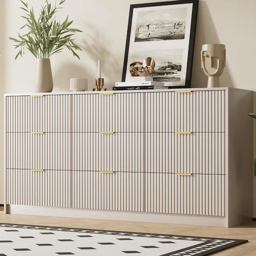 Miniatura 16 de Furniway Cómoda Beige para Dormitorio, Cómoda Moderna con 6 Cajones y Deslizadores Suaves, Cómoda Ancha con Manijas Doradas para Dormitorio, Sala