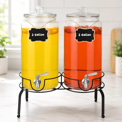 Miniatura 8 de Dispensador de bebidas de 1 galón, 1 paquete, dispensador de bebidas de espita de acero inoxidable para fiestas con soporte, recipiente de vidrio