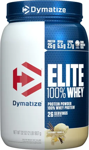 Dymatize Elite 100% proteína de suero en polvo, L-leucina, absorción rápida y digestión rápida para una recuperación muscular óptima, vainilla