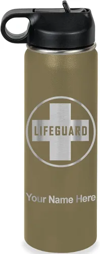 Miniatura 42 de LaserGram Botella de agua personalizada, salvavidas, acero inoxidable de doble pared aislada al vacío con popote superior, regalo grabado Negro
