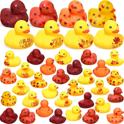 Hiboom Patos de goma de Acción de Gracias de 1.38 pulgadas, patos de goma de otoño con patrones de hojas de calabaza, juguetes de bañera con