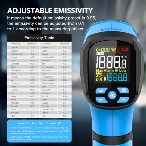 Miniatura 6 de Termómetro infrarrojo pistola de temperatura, -40℉ a 2192℉ Termómetro de alta temperatura láser dual con pantalla LCD a color, pirómetro industrial