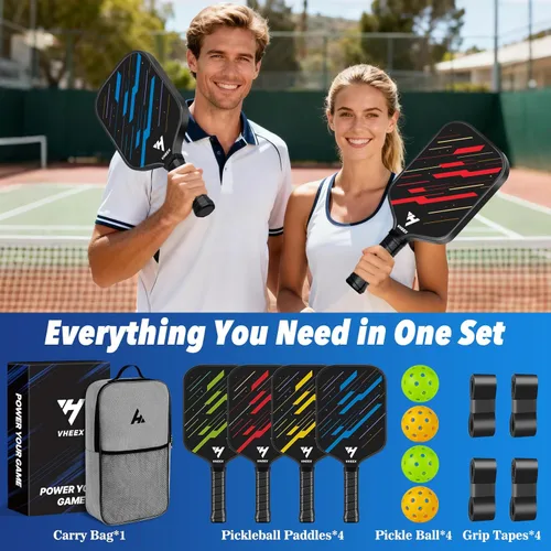 Miniatura 6 de Juego de 4 palas de pickleball de fibra de carbono de 0.63 pulgadas, ligeras, silenciosas, para interiores y exteriores, equipo de pickleball con 4