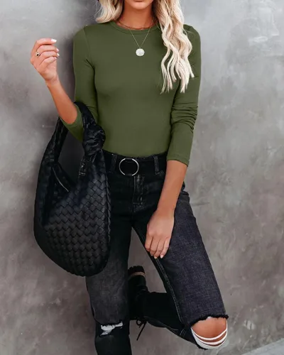 Miniatura 4 de VICHYIE Ropa de otoño para mujer, cuello redondo, acanalada, manga larga, ajustada, camiseta básica casual