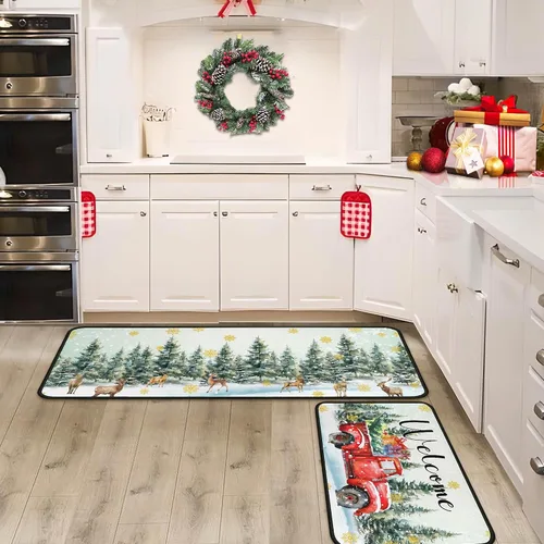 Miniatura 9 de Juego de 2 alfombras y tapetes de cocina navideñas para camiones, decoraciones navideñas para el hogar, antideslizantes con respaldo, alfombras