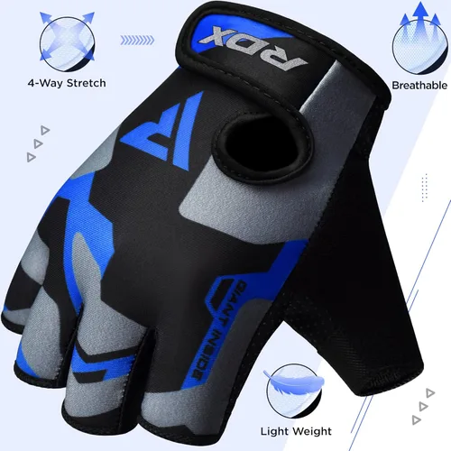 Miniatura 5 de RDX Guantes de levantamiento de pesas para gimnasio, entrenamiento de fitness, palma acolchada antideslizante, equipo de entrenamiento de fuerza Azul