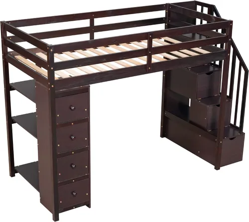 Miniatura 6 de Cama alta moderna con cajones de almacenamiento y escaleras, cama de madera tamaño individual con estantes y barandillas, para niños, niñas