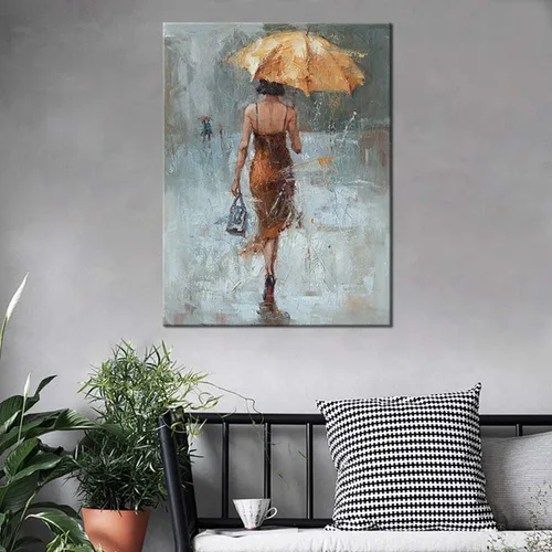 Miniatura 5 de Lienzo de pared con paraguas de niña con vestido caqui caminando en la calle lluvia pintura arte moderno lienzo abstracto obra de arte