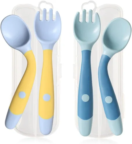 Utensilios para bebé, cucharas y tenedores, cubiertos de autoalimentación flexibles para niños pequeños con estuche de viaje, apto para encías de