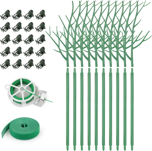 Paquete de 10 estacas de soporte para plantas de interior, palos de plantas tipo ramita de 27.56 pulgadas con clips para orquídeas, ataduras