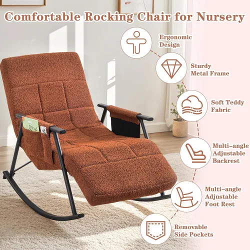 Miniatura 3 de VECELO Mecedora de respaldo alto con reposapiés, mecedora reclinable tapizada de peluche, cómodo sillón acolchado, bolsillos laterales extraíbles