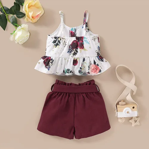 Miniatura 2 de Conjunto de ropa floral con volantes y pantalones cortos con lazo para el verano