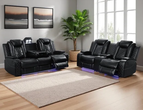 Juego de sofá reclinable eléctrico de cuero negro, juego de sofá reclinable de 2 piezas y sofá biplaza reclinable, juegos de sofá reclinable de lujo