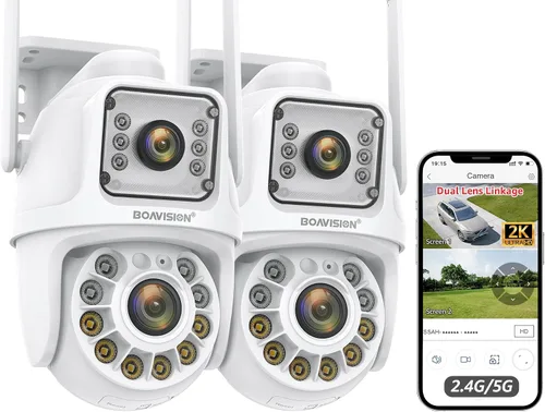 BOAVISION Paquete de 2 cámaras de seguridad WiFi 2.4G/5G para exteriores, PTZ inalámbrica de lente dual, vista de 360°, seguimiento humano con IA,