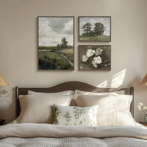 Miniatura 4 de 3 piezas de arte de pared en lienzo con marco vintage, gran impresión de granja de paisaje floral verde y árbol, obra de arte retro floral francesa