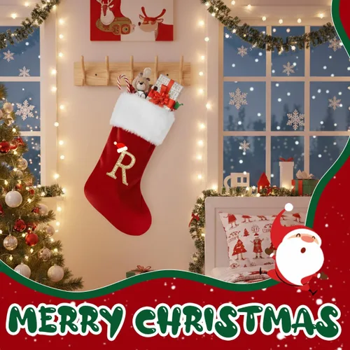 Miniatura 7 de Calcetines de Navidad personalizados con monograma, con inicial familiar, 20 pulgadas, puño de felpa blanca supersuave con cuerpo de terciopelo rojo