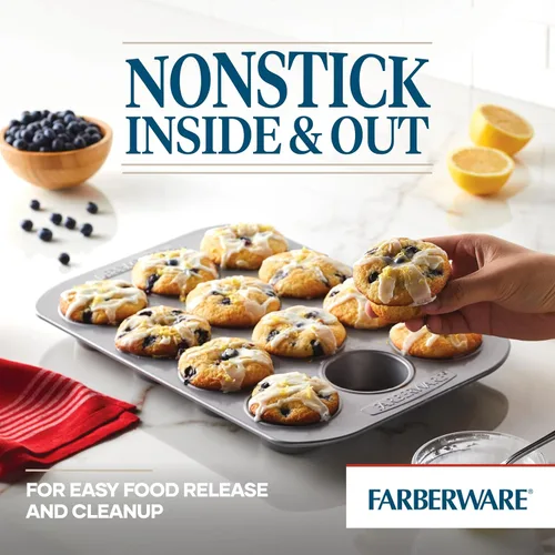 Miniatura 4 de Farberware, utensilio para hornear antiadherente, asadera para muffins (12 copas), color gris, Sartén para muffins, 12 tazas, ninguno , Gris