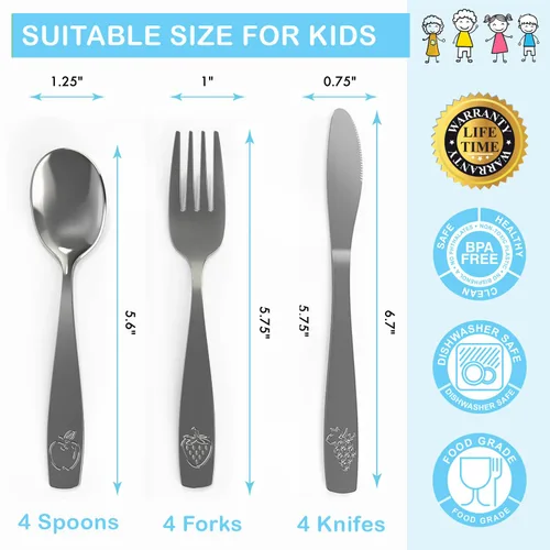 Miniatura 2 de Juego de cubiertos de acero inoxidable de 12 piezas para niños, cubiertos seguros para niños y niños, juego de utensilios para niños, juego